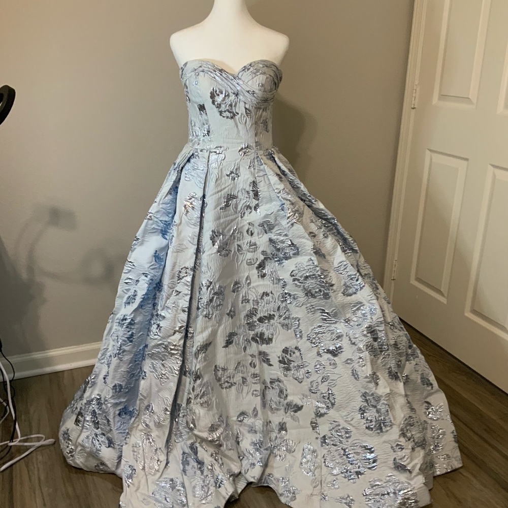 Mac Duggal Silver Floral Strapless Gown